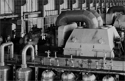Photo of a 200 MW turbine unit. Locations of high-pressure turbine bearings is indicated  by F (front bearing) and R (rear bearing)