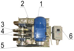 Mechanical exciter: 1 – electric motor, 2 – support, base of device, 3 – eccentric load,  4 – flywheel, 5 – belt transmission, 6 – frequency regulator