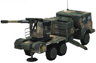 Artillery weapon system case of study: a) virtual image of the whole weapon system; b) 3D model of the carrier military truck including selected frame of reference
