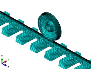 Model of a wheel-rail-absorber system: a) finite element model of a  wheel-rail-absorber system; b) distribution of springs and dampers between the rail  and absorbers c) contact schematic of the rail and absorbers