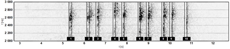 Spectrogram of noise signal of microphone M1; passing No. 120026 of trainset No. 115 (frequency range 2000-3000 Hz): a) response of side pantograph with high initial force and b) with low initial force