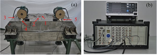 Experimental equipment a) vibration machine, b) data signal collecting devices