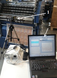 View of equipment used for the investigations:  1 – laser head for measurement of displacements “Microtrack LTC 200-100”; 2 – computer