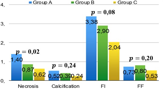 Distribution of necrosis, calcification, FI and FF in atherosclerotic plaques,  FI – fibrous tissue; FF – fibrous fatty tissue