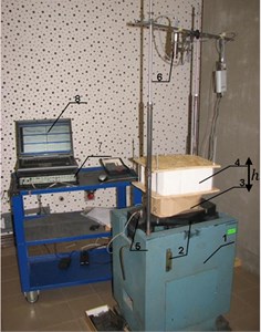 General view of the shock load testing stand: 1 – shock generator; 2 – steel plate; 3 – sample;  4 – loading mass m; 5 – shock sensors; 6 – ultrasound distance sensor; 7 – oscilloscope; 8 – personal computer, h – move direction of mass m
