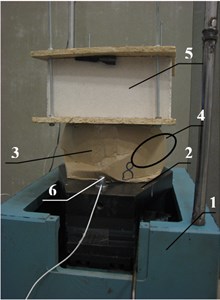 General view of rectangle three-layered corrugated cardboard package after the experiment at  shock acceleration 340 m/s2 and vertical load mass: 1 – shock generator; 2 – steel plate; 3 – sample;  4 – buckling of package longest sidewall into outer side; 5 – load mass m= 15 kg; 6 – shock sensors