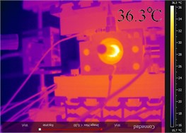 Thermo-graphic pictures obtained with a FLIR AX5 camera for a) t1= 0 h and b) t2= 65.472 h, and temperature fluctuation of rolling bearings measured for c) t= 3.61 h