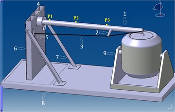 Design of a research station1 – cross-trees 2 – spreader, 3 – shrouds,  4 – clamp (mounting of “walling”), 5 – rail, 6 – block supports, 7 – brackets,  8 – foundation posts, 9 – inductor, P1-P3 – measuring points)