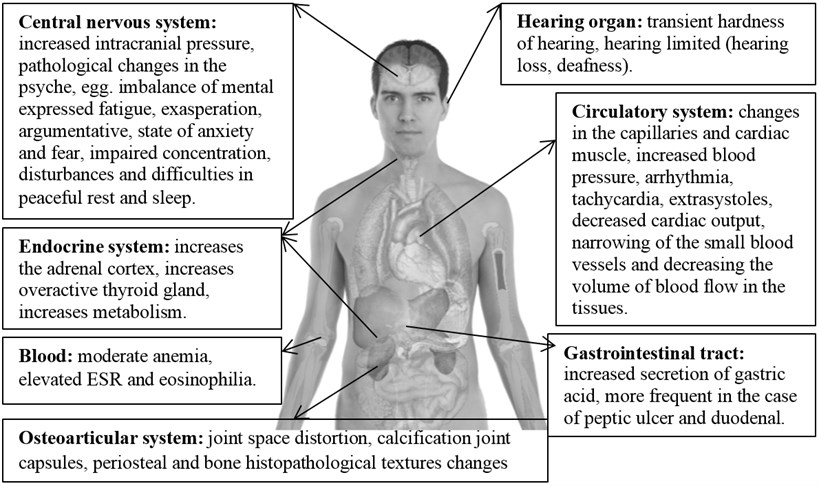 Physiological and psychological impact of vibration and infrasonic noise on human body.  Source: own elaboration, image from http://www.clker.com