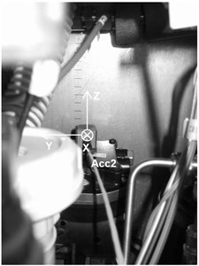 View of the mounting of 3-axis acceleration sensors with directions of vibration measurements on