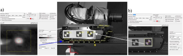 Two types of markers tracked by Tema Automotive software and examples of:  a) “Center of gravity” (COG) and b) “Quadrant symmetry” (QS) algorithm settings