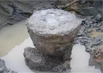 The typical damage types in concrete piles: a) fractured pile, b) cracked pile,  c) pile with secondary concrete pouring, d) pile with mud intrusion