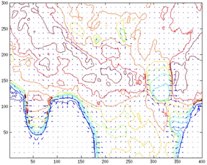 Temperature contour map and temperature gradient map corresponding to a) Fig. 3 and b) Fig. 5