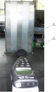 Measurements test bench a) the back side of the wall b) the front side of the wall  1 – panel construction, 2 – sonometer, 3 – a metal impactor
