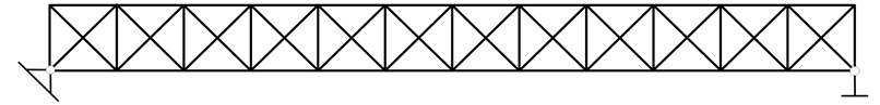 a) Truss structure, b) node number, the external forces and sensors placement