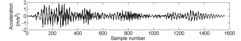 a) The El Centro earthquake wave; b) the simulated earthquake response record  of measurement point #1 (in river stream direction)
