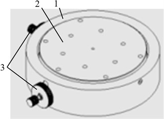 The structure of the alignment table:  1 – table frame, 2 – disk,  3 – alignment-leveling micro-feeds