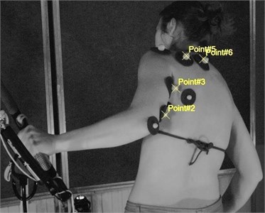 View of the measurement setup and the markers location on the body of the surfer:  a) experimental setup and markers placements over competitor’s body,  b) vision-based measurements system: HSC – High Speed Cameras, HL – Halogen Lamps