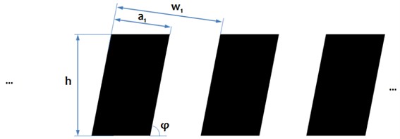 Numerical models of vertical a) and oblique grating lines b) represented  by binary arrays and their main characteristics