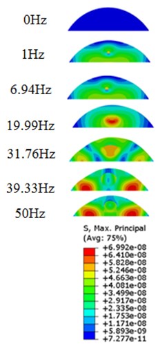 Stress contours of the cell under 0.3g acceleration for different frequencies  and in X-direction, Y-direction and Z-direction