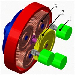 Prototype of multi-motor torque coupling system. (1 – motor; 2 – torque coupling gear set;  3 – planetary gear set)