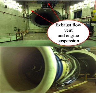 Experiment site of the engine test: a) engine suspension and  b) electrostatic sensor installation and connection in the aero-engine