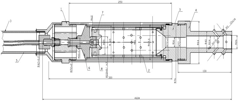 BVR80 thermal cutter: 1 – distribution head, 2 – combustion chamber, 3 – nozzle, 4 – gas-dynamic nozzle, 5 –lengthening pipe, 6 – combustion chamber back cover, 7 – air swirled, 8 – jet