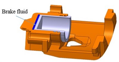 Cutaway view of the caliper and the piston