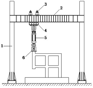 Loading equipment. (Note: 1. Column; 2. Load-carrying beam;  3. Girder; 4. Box-girder; 5. Hydraulic jack; 6. Steel inserted plate)