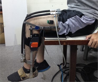 A subject wearing exoskeleton performing periodic leg exercise