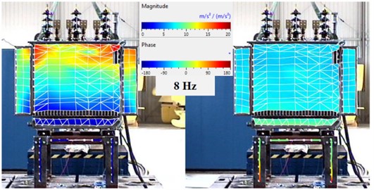 The vibration image for the resonant frequency 8 Hz, the magnitude (left) and phase (right) – test 1