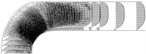 The velocity field in the curved section of the pipe
