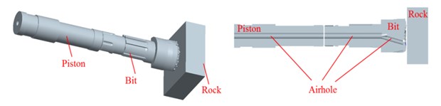 Pistons-drill-rock three-dimensional solid model: a) bit, b) piston,  c) pistons-drill-rock model and its inner structure