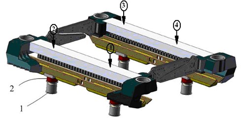Configuration of the test platform. 1 – jack, 2 – pressure sensor, (1)-(2) – displacement sensor