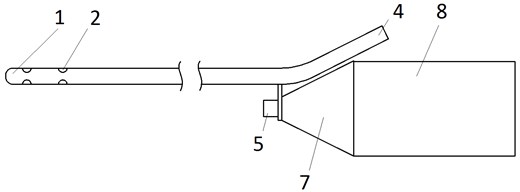 Ultrasonic blood vessels cleaning system, where: 1) wall of the waveguide, 2) waveguide hole,  3) channel, 4) intake, 5) screw, 6) screw hole, 7) concentrator, 8) transducer