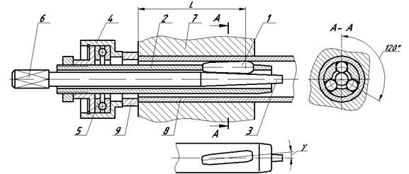 Scheme of roll-forming of tube attachment assembly into the tube sheet:  1 – roller, 2 – body, 3 – spindle, 4 – race, 5 – rolling bearing, 6 – shank end, 7 – tube sheet, tube