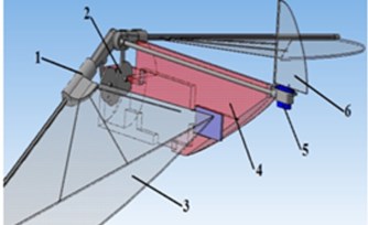 3D models of а) insectopter: 1 – rotation limiter; 2 – gearbox; 3 – wing surface; 4 – body; 5 – servomotor; 6 – tail; b) gear unit: 7 – body, 8 – pinion, 9 – synchroniser, 10 – connecting rod, 11 – rocker