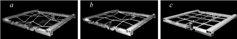 Lattice 3×3: profiles at frequencies a) f= 27.5 Hz, b) 36 Hz  and c) amplitude of excitation μ = 5.4 mm