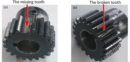 The physical map of experimental gears: a) missing tooth, b) broken tooth