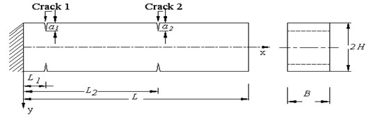 Diagram of a cantilever beam with two open v shape crack [12 ]