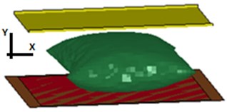 a) Isometric view of squeezed airbag using a rigid impactor with Lloyd EZ20 machine,  b) finite element mesh of the airbag and the rigid wall