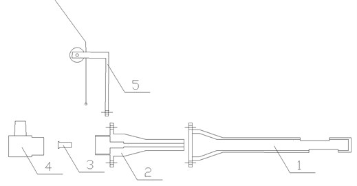 The schematic diagram of blasting device: 1 – explosion guide device;  2 – base; 3 – shock tube; 4 – excitation device; 5 – guiding device