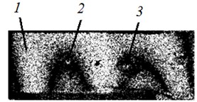Holographic view of homogeneous plate (37.4 kHz, 50 V).  Here 1 – piezo ceramic plate, 2 and 3 – additional masses