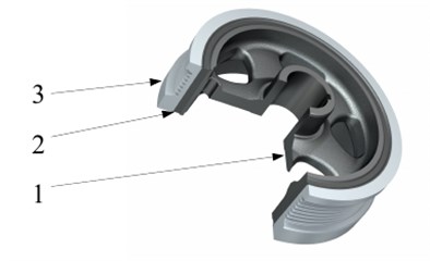 Crankshaft pulley with torsional vibration damper. 1 – hub, 2 – torsional spring,  3 – flywheel of damper [17]
