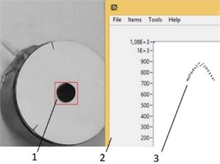 Object tracking and path plotting window. 1 – Tracking point on piezorobot, 2 – path of piezorobot, 3 – path plotting window