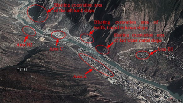 The distribution of blasting operation area and residential area of hydropower station #1