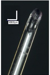 Tip of the tested optical fiber (micro-cantilever) under microscope at:  a) non-resonance frequency and b) resonance frequency