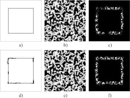The adaptive perturbation strategy for the formation of a rectangle in the difference image. A thin rectangle-type perturbation (a) is applied to the pattern at T = 140. The resulting pattern at T = 145 is shown in part (b); the difference image (at T = 145) – in part (c). The adaptive perturbation strategy is used to modify the perturbation (d). The resulting pattern (at T = 145) (e); the difference image (f)