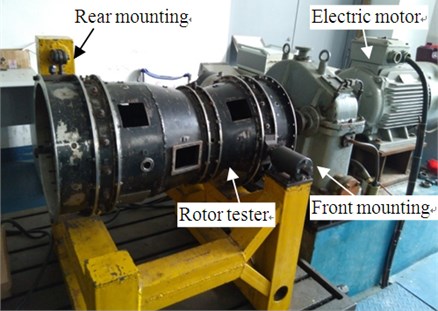 Aero-engine rotor tester. 1 – compressor rotor, 2 – roller bearing, 3 – compressor stator,  4 – squirrel cage elastic support, 5 – shaft, 6 – turbo rotor, 7 – ball bearing, 8 – turbo stator
