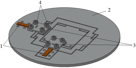 General view of a dual axis micropositioning stage: 1 – piezostack actuators;  2 – compliant mechanism; 3 – coupling plates; 4 – coupling bolts